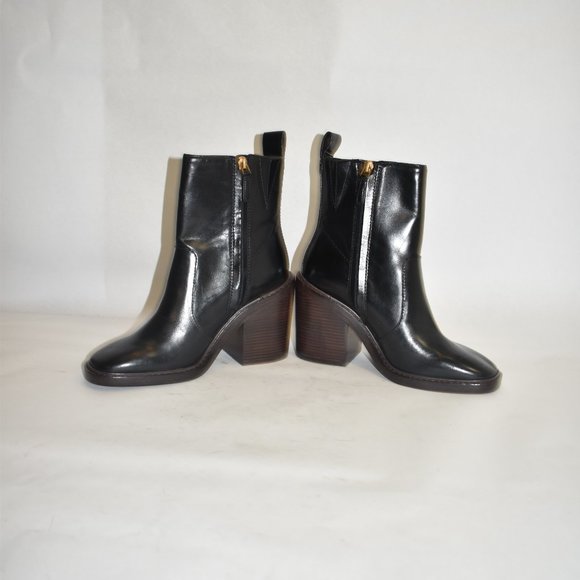 TORY BURCH SIERRA HEELED ANKLE BOOT PERFECT BLACK SQUARE 6.5 (2) (D22) - Picture 4 of 11